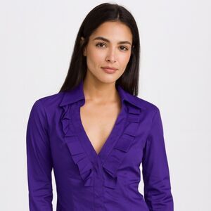 Express Design Studio Women’s Blouse Ruffle V Neck Long SLV Side Zip Purple XS